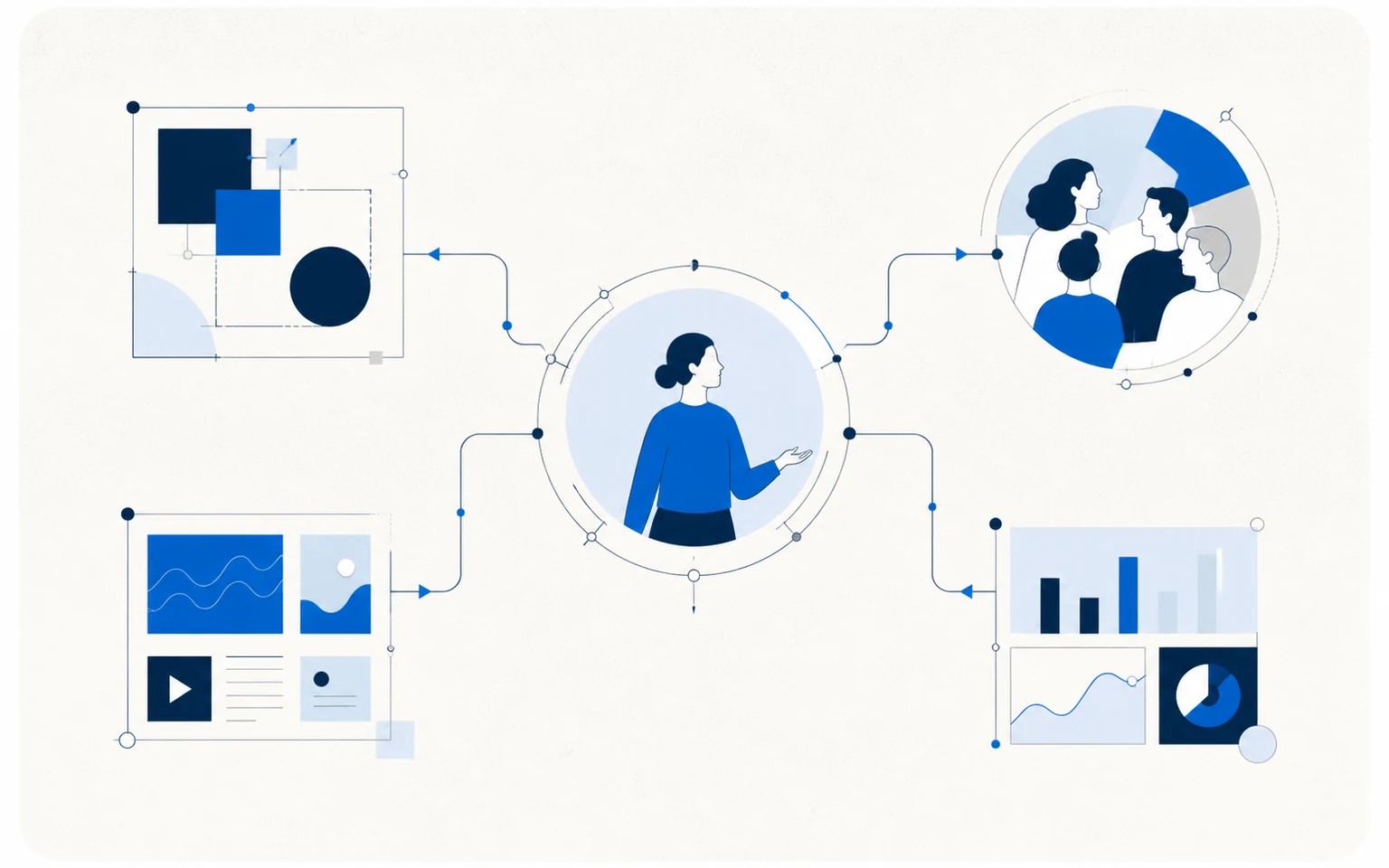 Abstract connected systems illustration with blue lines and shapes