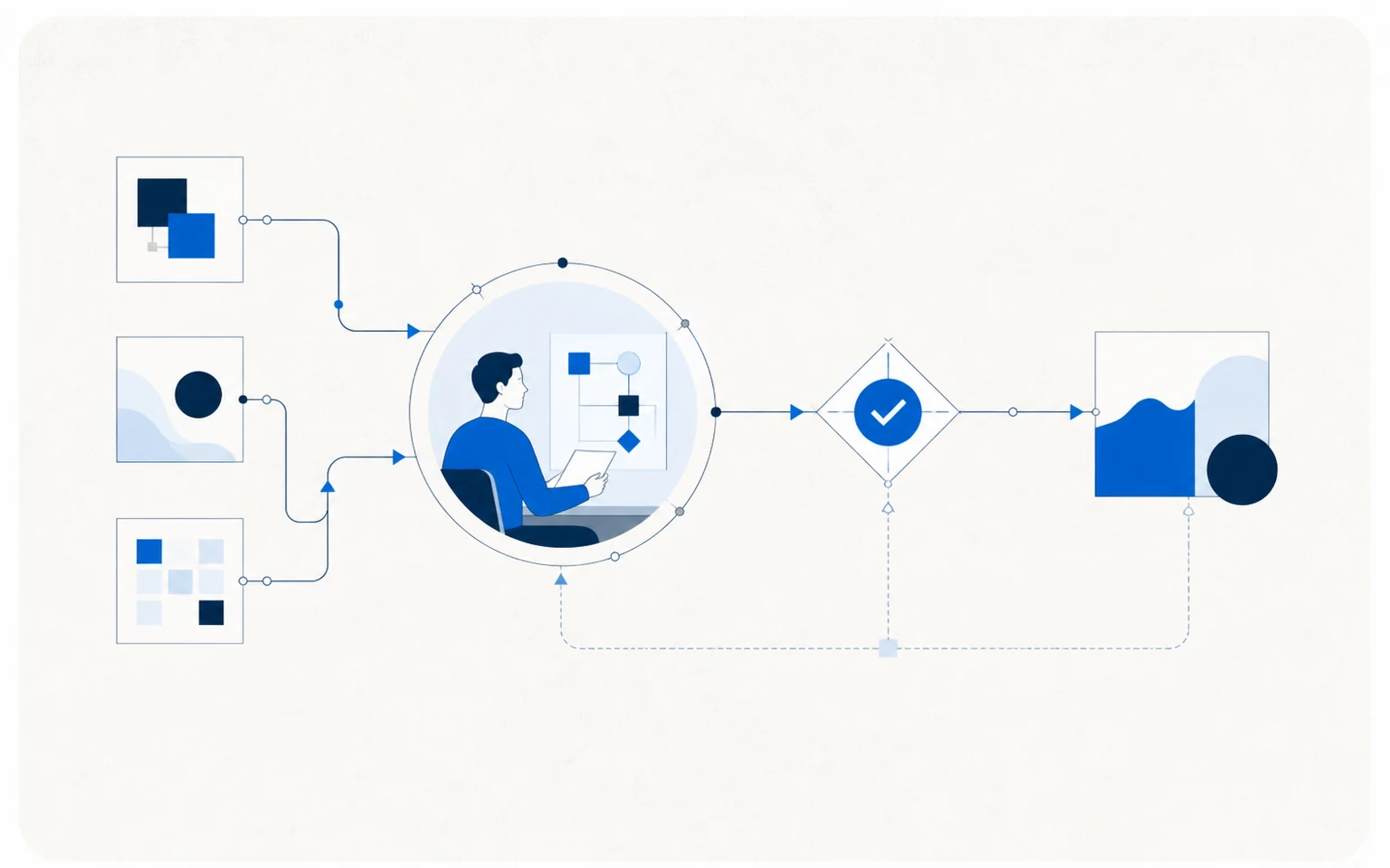 Abstract illustration of a person directing connected digital systems
